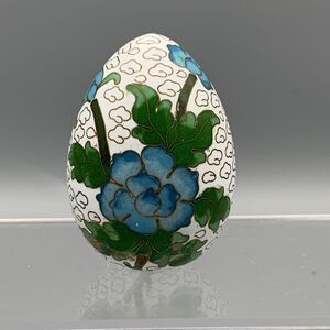 Cloisonne Enamel Chrysanthemum Floral Egg Figurine Chinoiserie Brass Copper